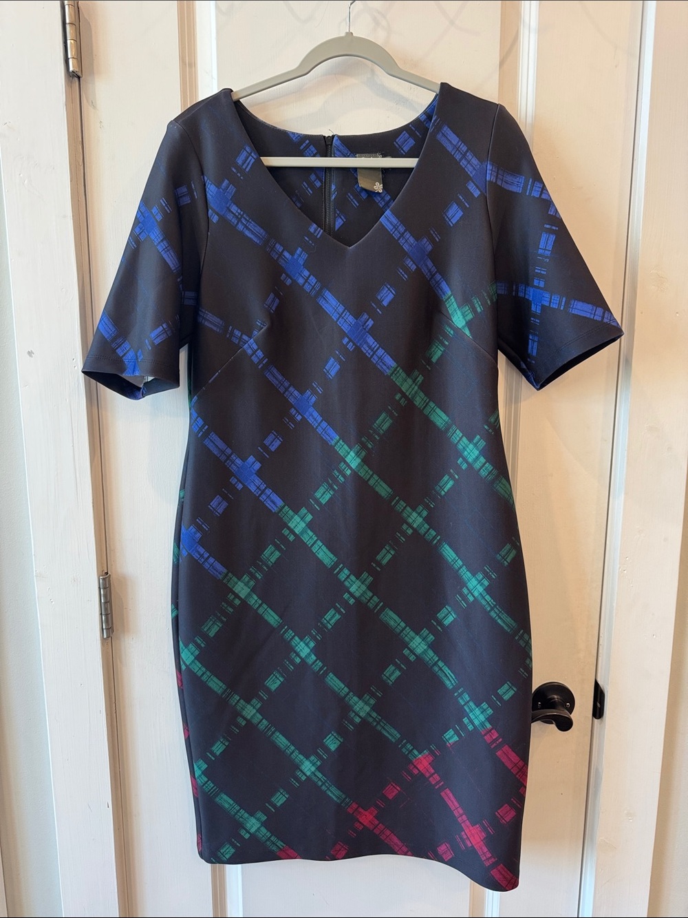 Taylor Plaid Scuba Sheath Dress Blue Red & Emerald Green Diamond Pattern
